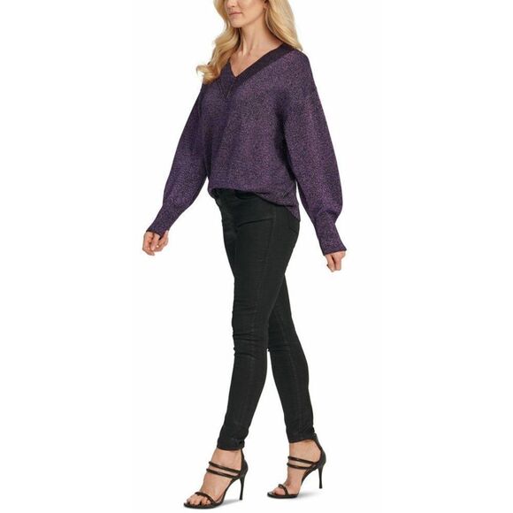 DKNY NWT Purple Glitter Sparkle V-Neck Sweater Top - Picture 2 of 7